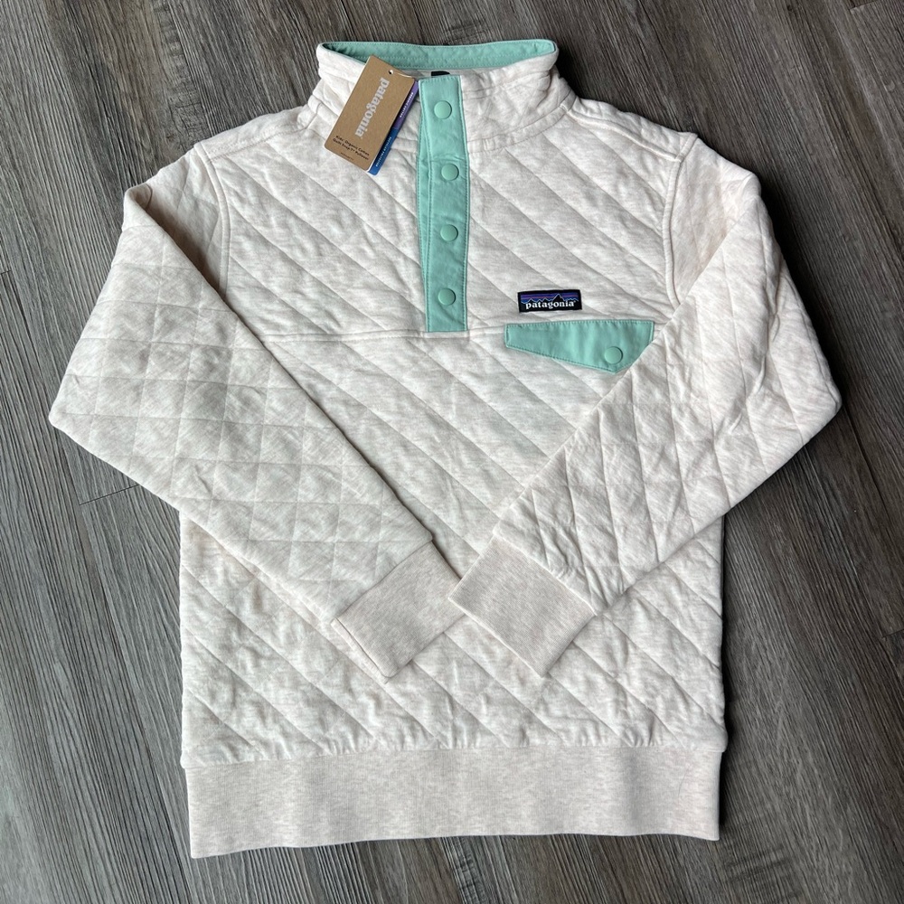 Patagonia Cream and Mint Quilted Kids Sweater